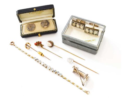 A Quantity of Jewellery, including a moonstone bracelet, length 17cm; a moonstone stick pin; a coral stick pin; a 9 carat gol
