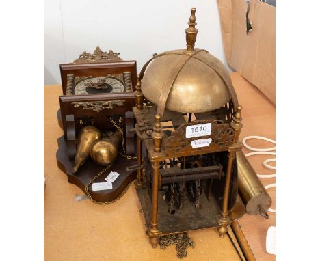 A Late 17th Century Style Brass Lantern Clock, four posted case, pierced dolphin top frets, 6.5 inch roman numeral chattering