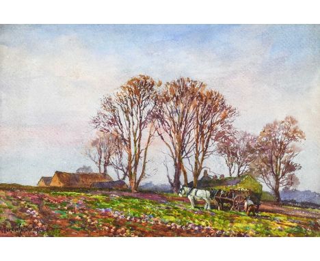 George Hamilton Constantine (1878-1969)Gathering the crop, AutumnSigned, watercolour, 23.5cm by 35.5cm