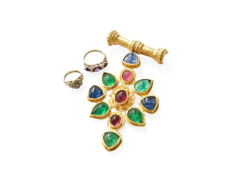 An Amethyst and Split pearl Ring, stamped '9CT', finger size Q; A 9 Carat Gold Opal Cluster Ring, finger size H; and A Christ