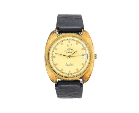 Omega: A Plated Electronic Chronometer Calendar Centre Seconds Wristwatch, signed Omega, F300Hz Chronometer, model: Geneve, r