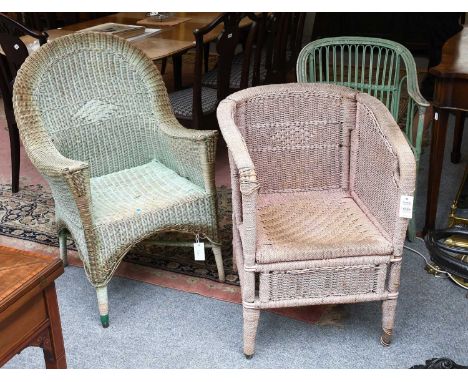 A Pink Rattan Arm Chair, another painted conservetory chair, and a Lloyd Loom style chair