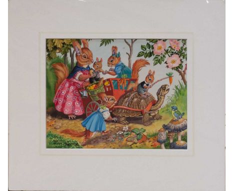 Helen Haywood (1907-1995)"Off for a Picnic"Signed, original jigsaw design in watercolour, 21.5cm by 28cm (unframed); together
