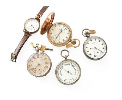 Two silver pocket watches; a pocket barometer; a gold plated full hunter Thos Russell &amp; Son pocket watch; and a gun metal