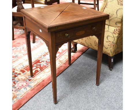 An Edwardian Inlaid Mahogany Envelope Card Table, 55cm square by 72cmBaize needs replacing, otherwise okay, please see extra 