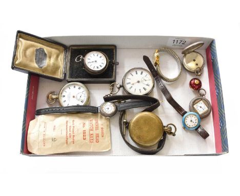 A Silver Open Faced Pocket Watch, Nickel Plated Pocket Watch, Plated Full Hunter Pocket Watch, Two Lady's Silver Wristwatches