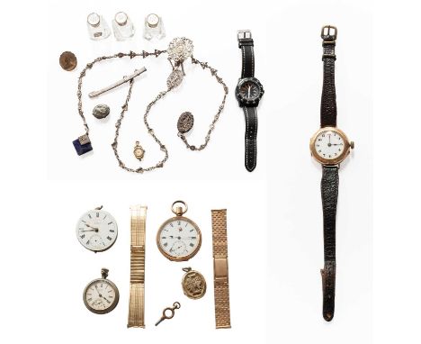 A Victorian Chatelaine, three silver mounted glass pepperetes, pocket watches, wristwatch, 9ct gold ladies watch etc