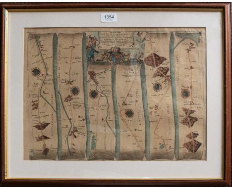 Ogilby (John), The Road from Nottingham to Grimsby in the Count of Lincolne, no date, hand-coloured engraved strip road map, 