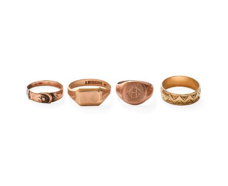 Four 9 Carat Gold Rings, comprising of two signet rings, finger size V and one band cut; a buckle ring, finger size P1/2; and