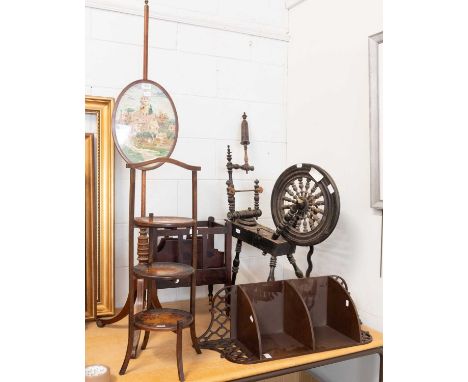 A 19th Century Mahogany Pole Screen, together with a mahogany hanging corner shelf with pierced fret work, a poker work cake 