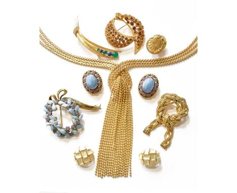A Quantity of Costume Jewellery, comprising a Christian Dior tassel necklace, length 35cm; a Christian Dior wreath form brooc
