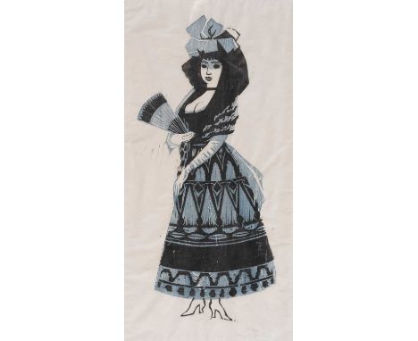 Frank Vernon Martin (1921-2005)Portrait of a lady in Continental dressSigned, numbered III/XXV, woodcut, 70cm by 35cm; togeth