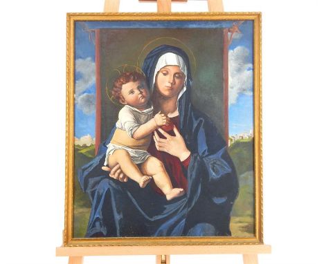 A late 20th century oil on canvas board portrait of the Madonna and child in the Renaissance manner, signed C. Sotti, 60 x 50