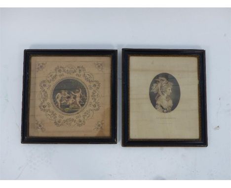 Two Bartolozzi prints; with one featuring four putti at play (site size 31 cm x 31 cm) and the other portrait of a lady (Side