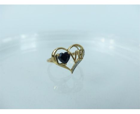 A 9 carat gold sapphire and diamond love heart ring; weight 1.4 g; size K