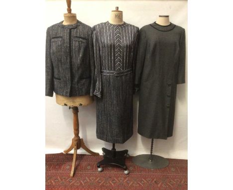 Roger Brines, designer and royal dressmaker, grey wool and black satin piping dress with fitted top and straight button front