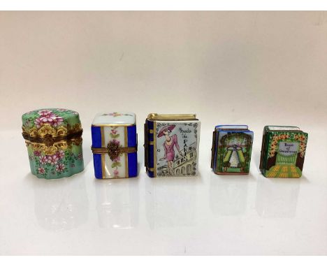 Three good quality Limoges Peint Main trinket boxes each containing scent bottles, together with another two containing garde