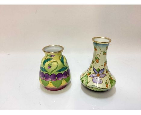 Moorcroft enamel Sweet Thief pattern vase, together with another decorated with purple flowers (2)Both in very good condition