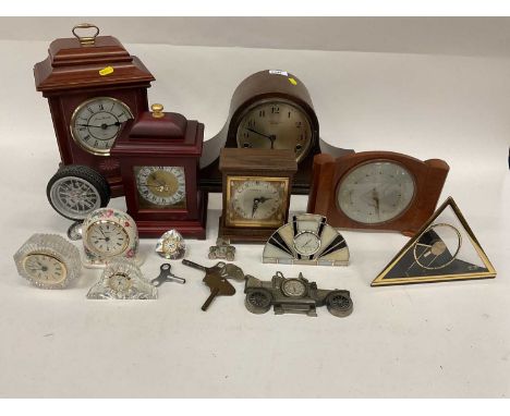 Collection of mixed mantel clocks including a Waterford crystal clock