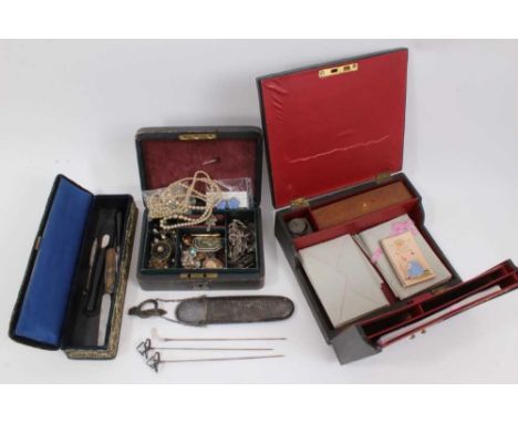 Jewellery box containing antique silver brooches and other costume jewellery, sewing box containing silver spectacles case, t