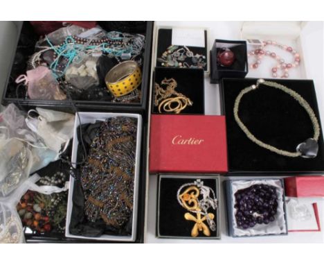 Group of vintage and later costume jewellery including empty Cartier box, Trifari gilt metal pendant necklace, Baccarat glass