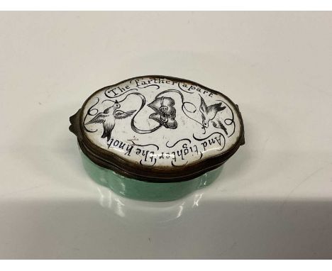 18th century enamel patchbox, of lobed oval form with motto 'The farther apart and tighter the knot', 5cm wide