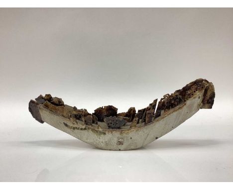 Studio pottery model of a ship, possibly St Ives pottery, 39cm wideThere are a few nibbles, one broken piece is sellotaped to