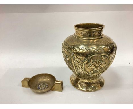 Chinese polished bronze vase, a censer, and two wooden stands (4)