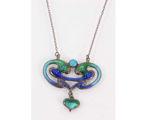 Art Nouveau silver and enamel pendant necklace (Birmingham 1909), 40cm longSome areas of wear and chips to the enamel pendant