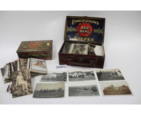 Postcard accumulation in tins and album including selection of real photographic and other First World War era, real photogra
