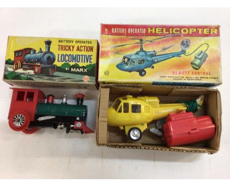 Marx battery operated remote control helicopter, Marx tricky action locomotive battery operated, Scalex boats drifter No 424S