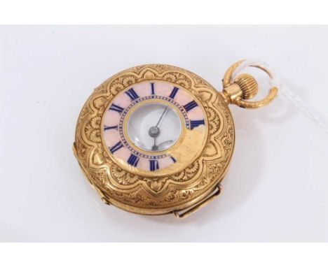 Early 20th century Swiss 18ct gold half hunter fob watch with white enamel dial, subsidary seconds and roman numeral markers,