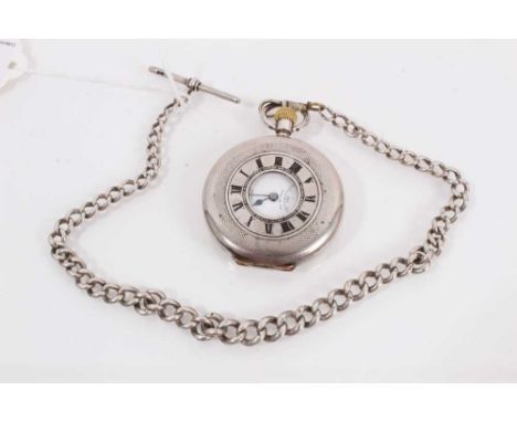 Silver half hunter pocket watch retailed by J.W. Benson, with white enamel dial, subsidary seconds and Roman numeral markers,