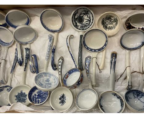 Collection of approximately 89 Victorian and Edwardian ceramic ladles to include Victorian Davenport blue and white soup ladl