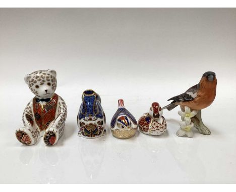 Four Royal Crown Derby paperweights - Debenhams Squirrel, Teddy Bear, Bird and Duck, together with a Goebel Chaffinch (5)