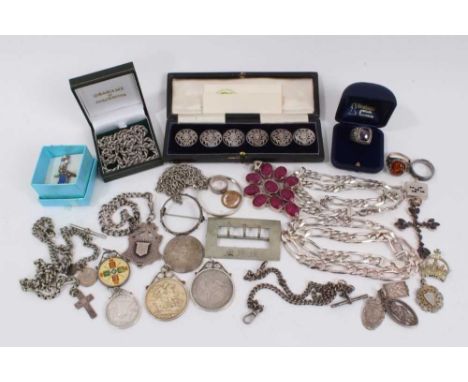 Group of silver, white metal and similar jewellery including gem set pendants, necklace chains, rings, watch chains, fobs, co