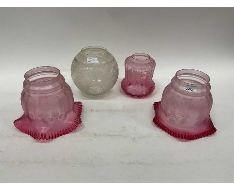 Pair of antique etched ruby glass shades, clear round etched glass shade, and another etched ruby glass shade (4)Top diameter