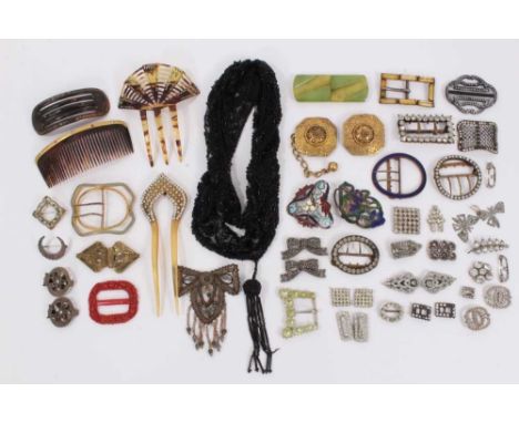 Collection of vintage paste set and enamelled buckles, hair slides and a beadwork scarf/necklace