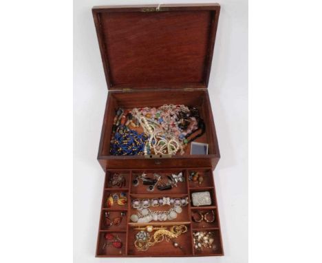 Wooden work box containing vintage costume jewellery to include silver marcasite earrings, various other earrings, silver coi