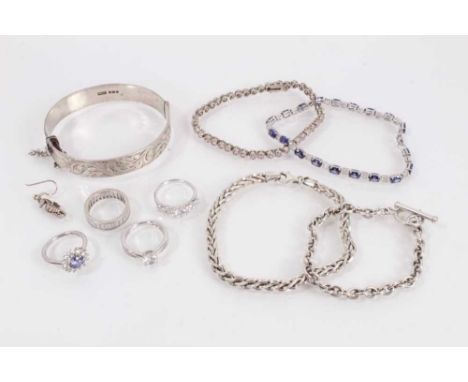 Group of silver jewellery to include a bangle with engraved scroll decoration (Birmingham 1981), two gem set bracelets, two o