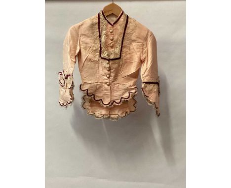 Victorian pink and mauve silk boned bodice with scallop edging and matching dress front, wide sleeves, handmade bobbin lace t