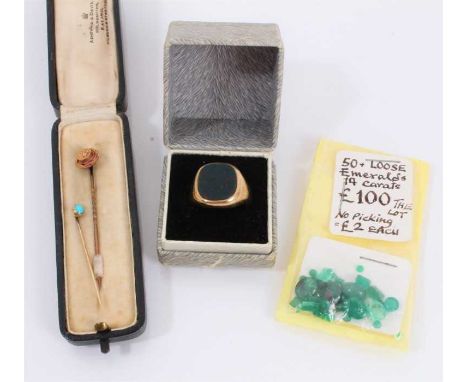 9ct gold signet ring with polished bloodstone panel, size O, Victorian 15ct gold diamond stick pin, turquoise cabochon stick 