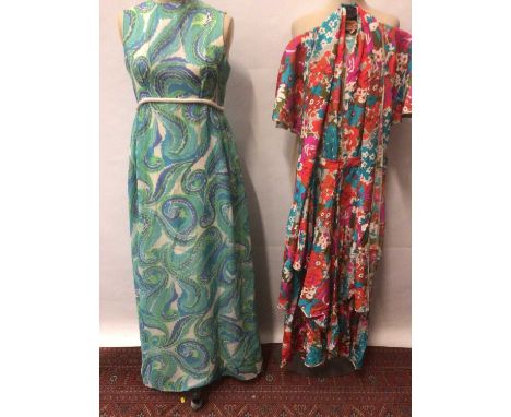 1970s and 1980s designer clothing including multicolour silk dress by Janice Wainwright, printed paisley tie-neck blouse by C