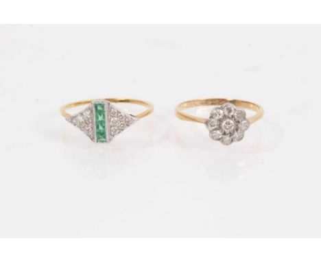 18ct gold diamond flower head ring with a cluster of nine old European cut diamonds in platinum setting, ring size N and 18ct