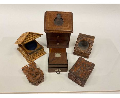 Group of six Victorian pocket watch holders to include a Victorian bamboo house-shaped box/stand, Victorian watch stand with 