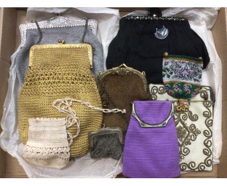 A group of Victorian handbags and purses, reticule bags include small micro bead bag with the Inital A, wool with metallic co