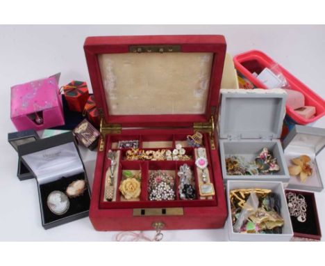 Group of vintage costume jewellery including collection of cameo brooches, silver and enamel butterfly brooch, simulated pear