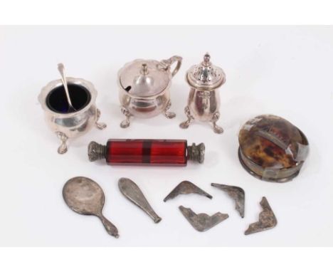 Silver three piece condiment set (Birmingham 1959), Victorian silver mounted ruby glass double ended scent bottle, together w