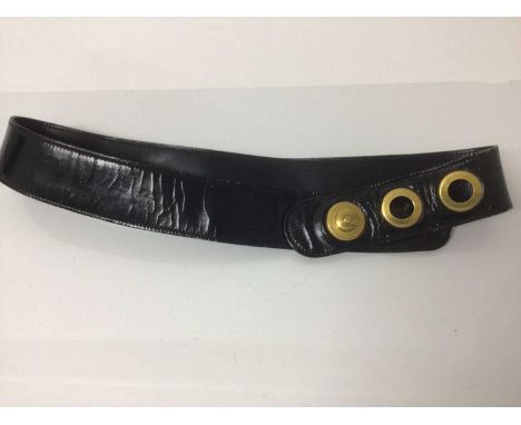 Vintage Hermes black patent leather belt. Hermes stamped on metalware. Plus a light tan suede belt by Timerland, medium.
