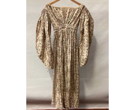 1837 Victorian maternity day dress in Indian printed chintz cotton, bodice has feeding openings with tiny button fastenings, 